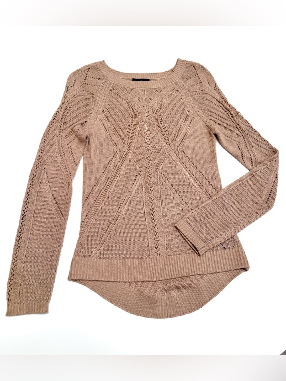 bebe Women’s Hi-low Knit Pointelle Pullover Sweater - Tan, size S